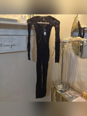 Fashion Nova Black Lace Cutout Long-Sleeve Jumpsuit